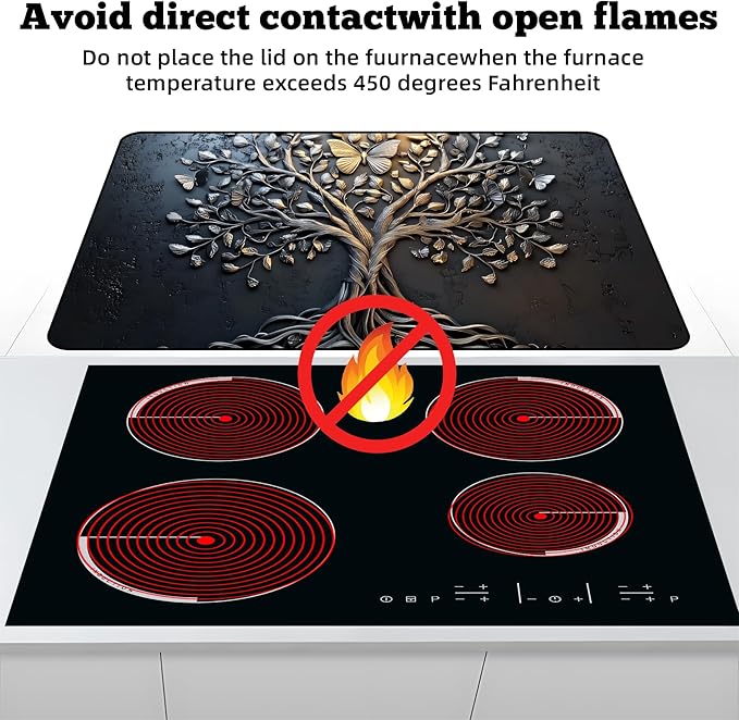 Multi-Design Stove Top Cover for Glass/Electric Stoves - 3-in-1 Heat-Resistant Protector Mat, Non-Slip Drying Rack 28"x20" (Tree of Life - Black, 28" L x 20" W)