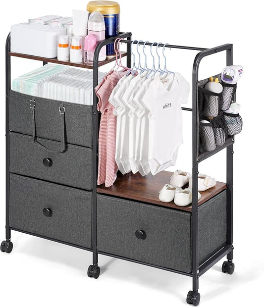 Orzbow Baby Diaper Caddy Cart Organizer and Storage | 4 Tier Baby Rolling Cart with Dividers and Drawers, Metal Rolling Utility Cart for Nursery, Bedroom, Changing Table & Crib, Easy to Assemble, Grey