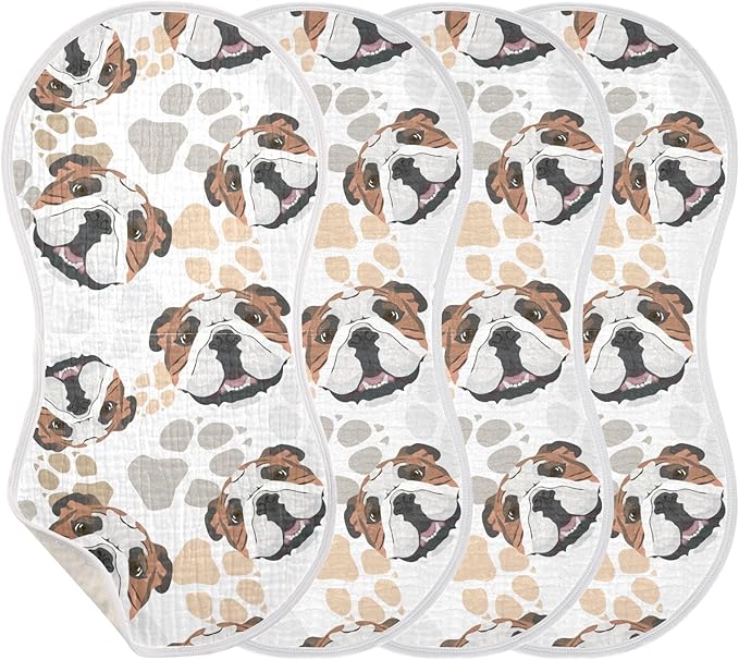 Muslin Burp Cloths for Baby Boys and Girls - 4-Pack Ultra Absorbent English Bulldog Muslin Washcloths, Newborn Towel, Milk Spit Up Rags, Burp Cloth Bib for Unisex, 22 x 11 Inch