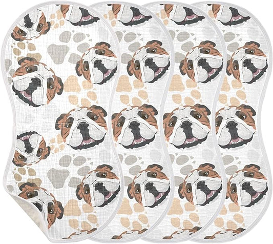 Muslin Burp Cloths for Baby Boys and Girls - 4-Pack Ultra Absorbent English Bulldog Muslin Washcloths, Newborn Towel, Milk Spit Up Rags, Burp Cloth Bib for Unisex, 22 x 11 Inch