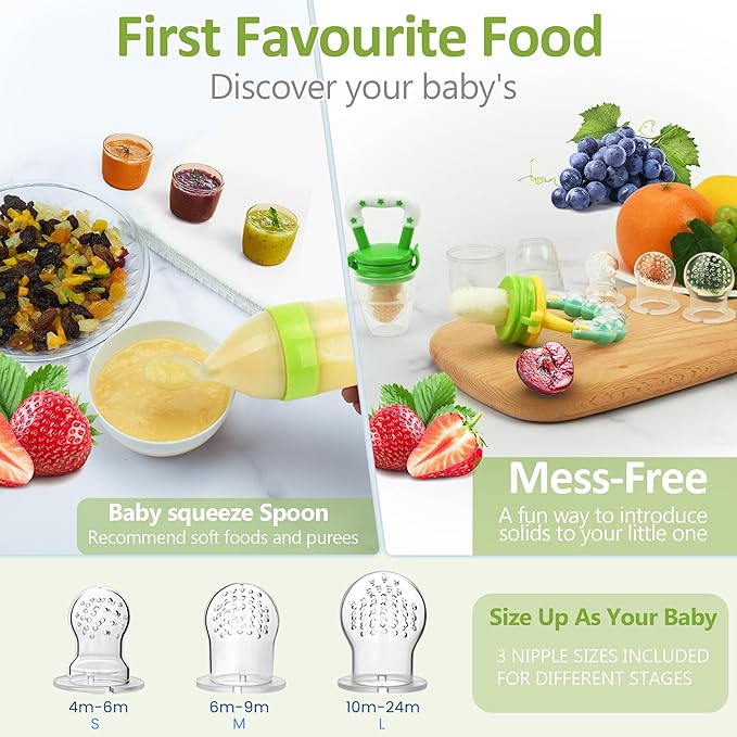 Baby Fruit Feeder Pacifier - 12 Pack | 2 Infant Food Feeder Pacifier & 1 Babies Food Dispensing Spoon | Fresh Fruit Teethers for Babies | Silicone Feeder Baby,Infant Teething Feeders(Green)