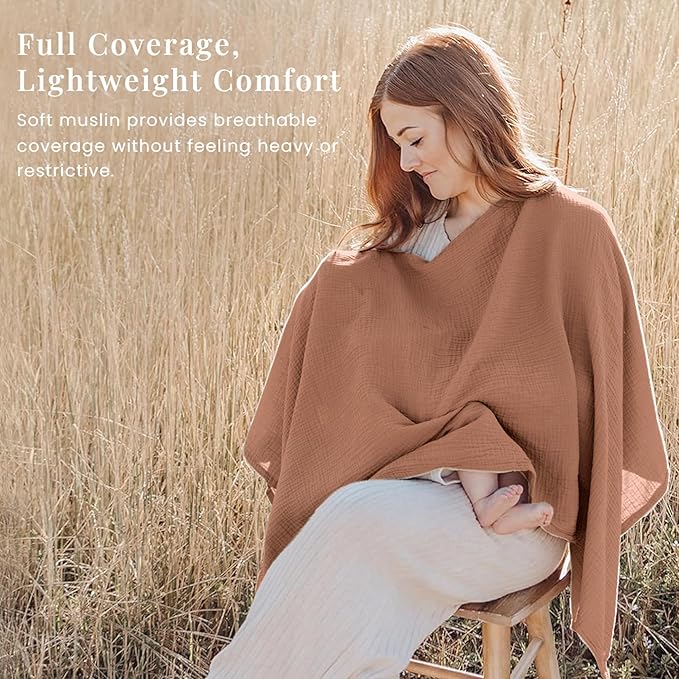 Konssy Muslin Nursing Cover for Breastfeeding, 360° Full Privacy Breathable 100% Cotton Breastfeeding Cover, Multi-use Carseat Canopy(Chestnut)