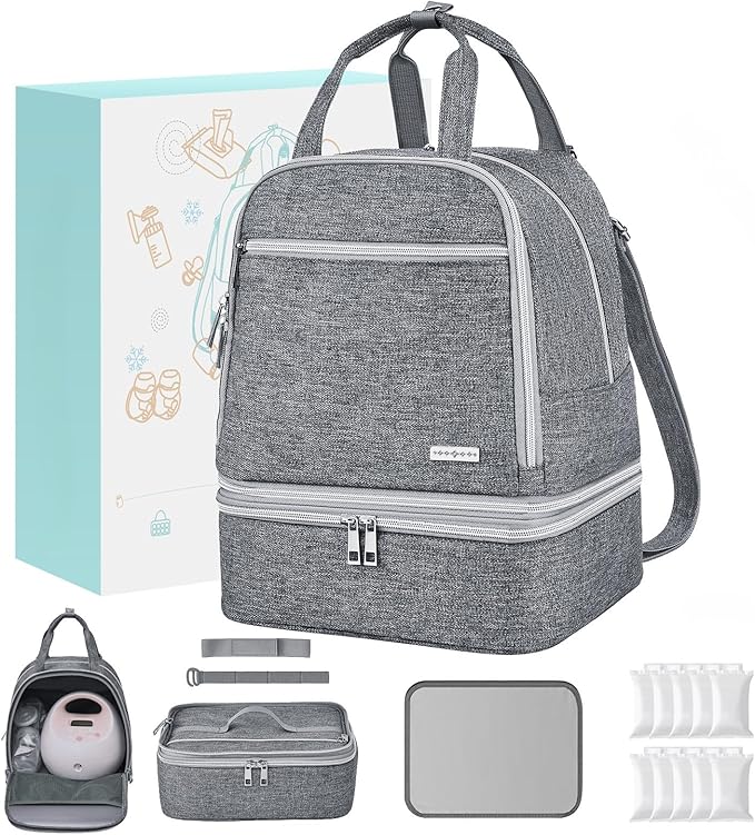 Breast Pump Bag with Insulated Cooler, Double-Layer Pumping Bag for Work & Travel, Fits Most Electric Breast Pumps, Includes 10 Ice Packs & Waterproof Mat, Detachable Bottle Cooler Tote, Grey
