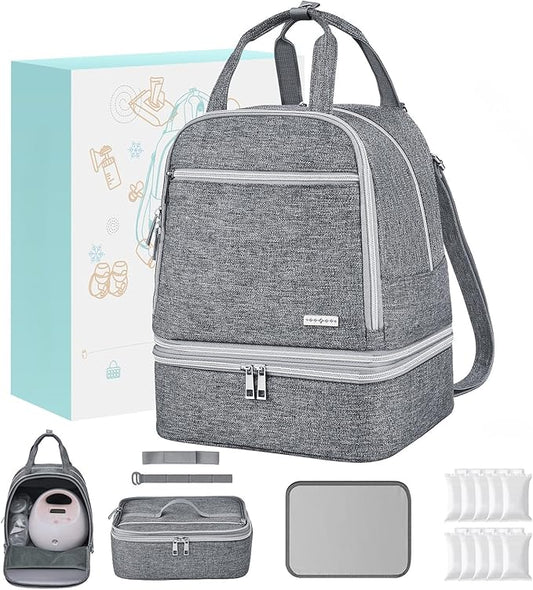 Breast Pump Bag with Insulated Cooler, Double-Layer Pumping Bag for Work & Travel, Fits Most Electric Breast Pumps, Includes 10 Ice Packs & Waterproof Mat, Detachable Bottle Cooler Tote, Grey