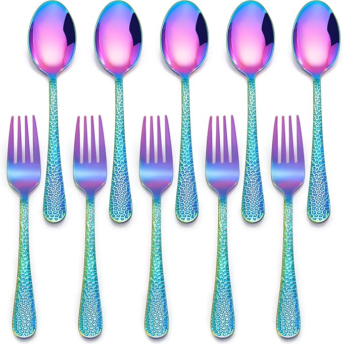 E-far Toddler Forks and Spoons Set, 10-Piece Stainless Steel Toddler Utensils Kids Safe Silverware for Self Feeding, Healthy & Non-Toxic, Rainbow