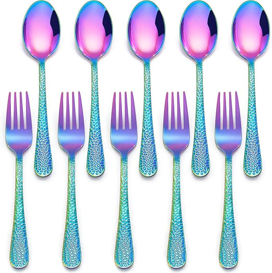 E-far Toddler Forks and Spoons Set, 10-Piece Stainless Steel Toddler Utensils Kids Safe Silverware for Self Feeding, Healthy & Non-Toxic, Rainbow