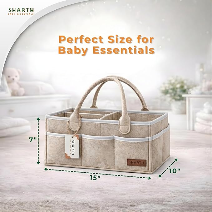 Sharth Baby Diaper Caddy Organizer with Handle, Baby Shower Gifts Basket Bag, Registry Search Must Haves Items, Nursery Storage Organizer for Newborn Girl Boy, Car Diaper Caddy (Beige)
