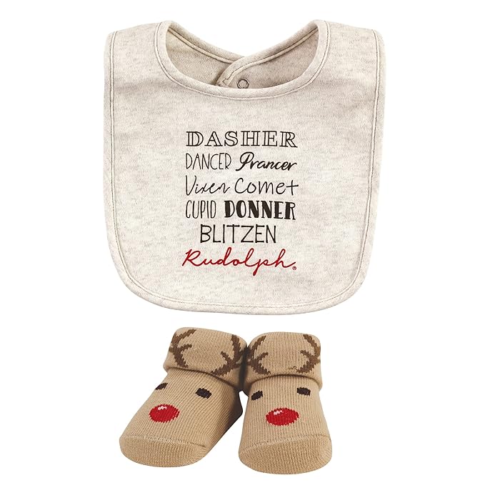 Hudson Baby Unisex Baby Cotton Bib and Sock Set, Rudolph, One Size