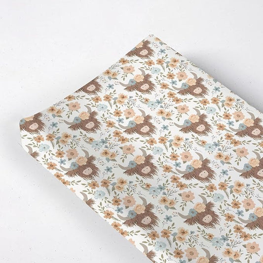 Farm Western Cow Flowers Floral Leaves Pattern Baby Changing Pad Cover, Unisex Highland Cow Nursery Diaper Changing Table Pad Mat Sheet for Boys Girls-16x32