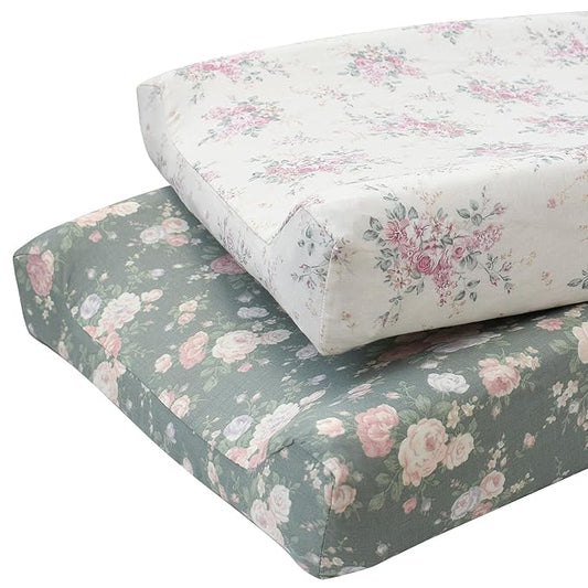 Owlowla Changing Pad Cover,Ultra Soft Cotton Changing Table Covers,Breathable&Durable Nursery Diaper Changing Pad Sheets for Baby Boys Girls(Cream&Olive Floral)