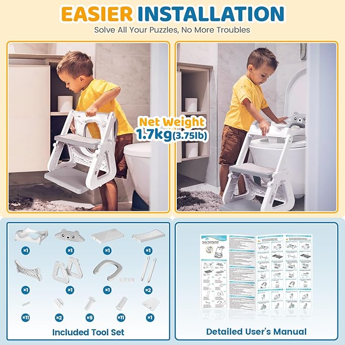 Orzbow Potty Training Seat | Upgrade Toddler Potty Training Toilet with Step Stool, 2-in-1 Stability Toilet Seat for Boys Girls | with Splash Guard, Anti-Slip Pad, Ladder, and Height Adjustable, Grey