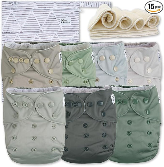 Nora's Nursery Morning Dew Cloth Diapers 7 Pack with 7 Inserts & 1 Wet Bag - Waterproof Cover, Washable, Reusable & One Size Adjustable Pocket Diapers for Newborns and Toddlers