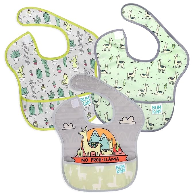Bumkins Bibs for Girl or Boy, SuperBib Baby and Toddler for 6-24 Months, Essential Must Have for Eating, Feeding, Baby Led Weaning Supplies, Mess Saving Catch Food, 3-pk No Prob-Llama, Cactus, Llamas