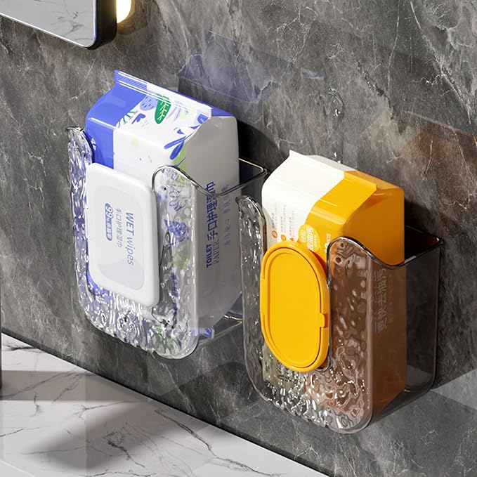 Kitchen Wipes Storage Box, 2024 New Non-Slip Flushable Wipes Holder for Bathroom Toilet, Wall-Mounted Clear Wet Tissue Dispenser Container Box No Punching Refillable Keeps Baby Wipes Fresh Case