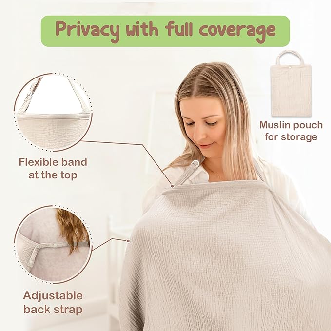 100% Organic Cotton Nursing Cover & Shawl - 43 x 28 Inch Breathable Muslin Breastfeeding Nursing Apron Cover with Arch Neckline for Mothers, Multi-use Carseat Canopy (Ivory)