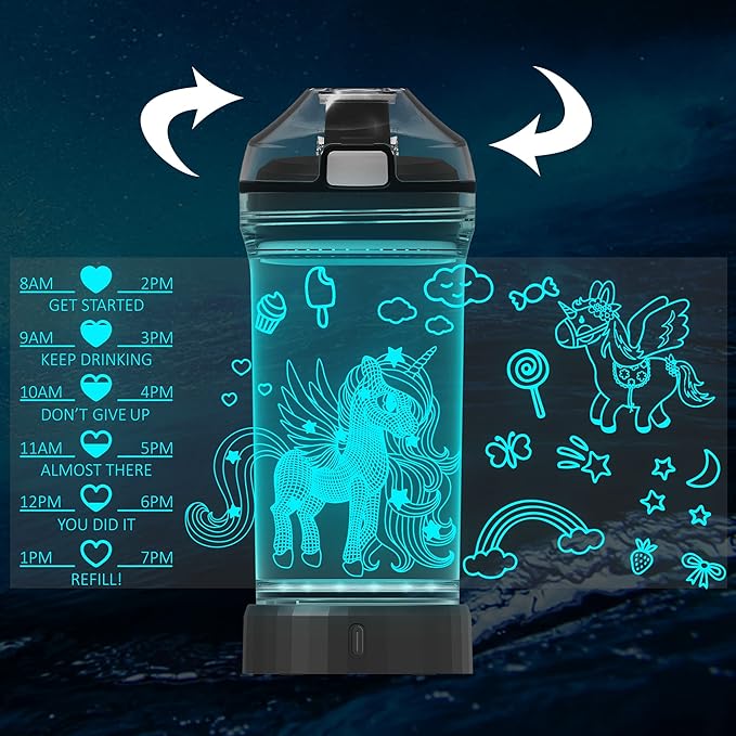 Attivolife Unicorn Water Bottle, Light up Cup for Kids Time Marker with 7 Color Changing LED Light - 14 OZ BPA Free - Unique Travel Cup Drink Day Gift for School Kid Girl Child Holiday Camping Picnic