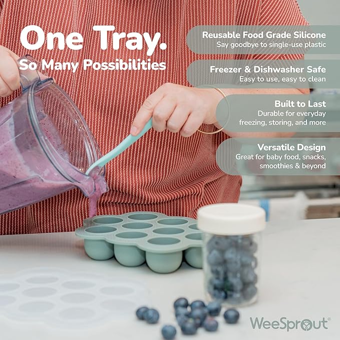 WeeSprout Silicone Freezer Tray with Clip on Lid Perfect Food Storage Container for Homemade Baby Food, Vegetable, Fruit Purees, and Breast Milk (Bright Purple, Ten 1.5 Ounce Sections)
