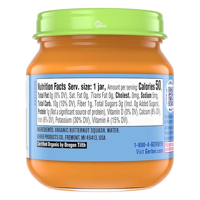 Gerber Stage 1 Baby Food, Organic Butternut Squash Jar, Baby Puree, Non-GMO, Vegetable, Puree Jars Glass, 10-pack