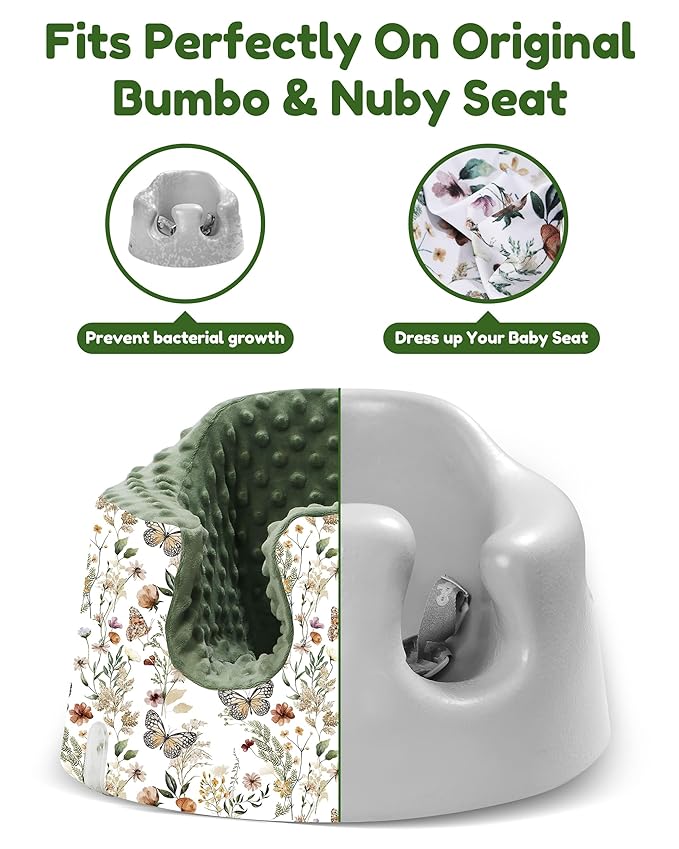 BOMOLOUR Seat Cover Compatible with Bumbo and Nuby Seat, Removable Breathable Baby Floor Seat Cover for Boys and Girls, Seat Not Included (Green Butterfly)