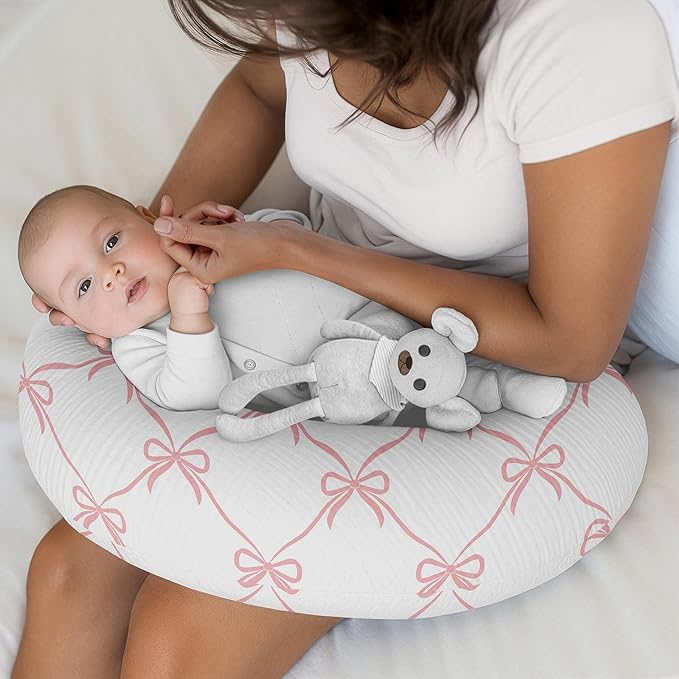 Sweet Jojo Designs Muslin Nursing Pillow Cover (Pink Bows) for Baby Girls, Newborn, Infant 100% Cotton Breastfeeding Pillowcase - PILLOW NOT INCLUDED (Elegant, Bow for the Ballerina Ballet Collection)