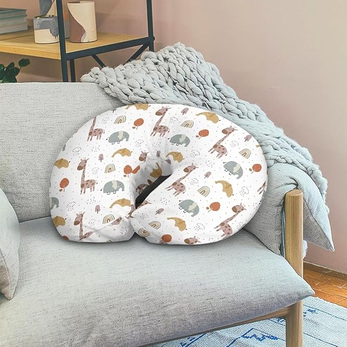 Nursing Pillow Cover Stretchy，Breastfeeding Pillow Slipcover For Baby Boys & Girls,Nursing Pillow Case For Newborn Soft Fabric Fits Snug On Infant, Washable & Breathable,Cute Giraffe Elephant