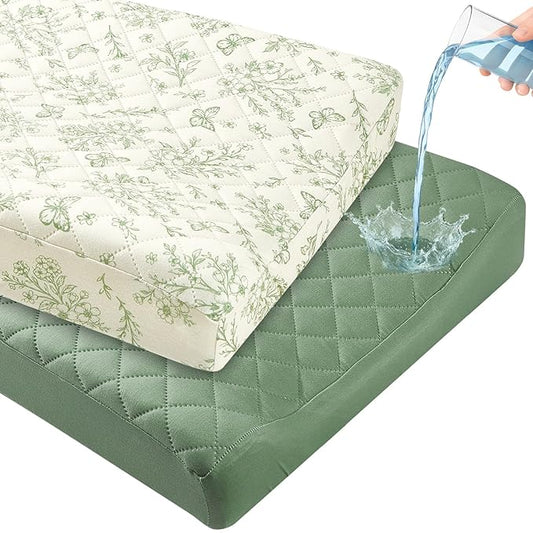 FIOBEE Changing Pad Cover Waterproof 2 Pack Quilted Diaper Change Table Sheets Breathable & Ultra Soft for Newborn Baby Boys Girls Fitted Changer Pads 32"x 16", Green Floral