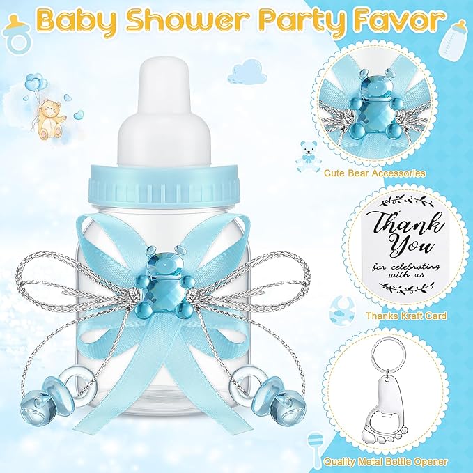 Sunnyray 150 Pcs Baby Shower Party Gift Bottles Games 50 Mini Milk Baby Bottles 50 Footprint Bottle Openers 50 Thank You Tag for Girl Boy Baby Shower Party Guest Return Gifts(Blue, Silver)