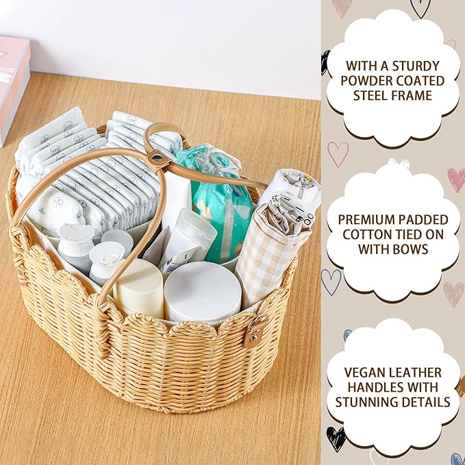 Baby Diaper Caddy Organizer Wicker Scalloped Rattan Basket with Handle Shoulder Strap and Removable Divider Wicker Caddy Basket for Diapers, Baby Shower Gifts, Newborn Essentials Must Haves
