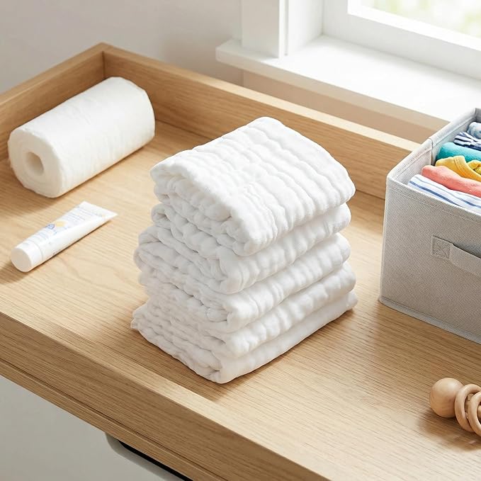 12 Layer Liners Cotton Gauze Reusable Washable Diaper with Hem for Infant Care Choosing Our Diaper (White)