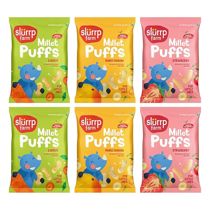 Slurrp Farm Millet Puffs Baby Snacks for Toddlers & Kids | Baked Multigrain Finger Food | No Added Sugar or Salt | Not Fried | Light & Crunchy | Strawberry, Mango Banana, Carrot Flavor | 0.5 Oz (Pack of 6)