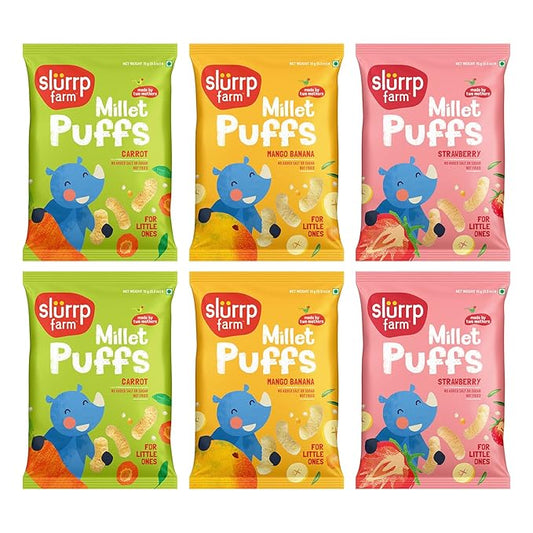 Slurrp Farm Millet Puffs Baby Snacks for Toddlers & Kids | Baked Multigrain Finger Food | No Added Sugar or Salt | Not Fried | Light & Crunchy | Strawberry, Mango Banana, Carrot Flavor | 0.5 Oz (Pack of 6)