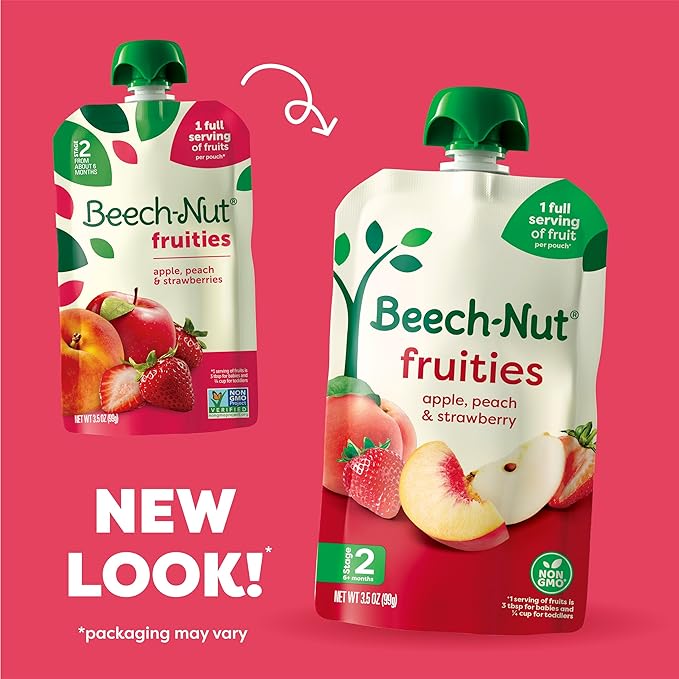 Beech-Nut Baby Food Pouches, Peach Apple Strawberry Fruit Puree Baby & Toddler Food, 3.5 oz (12 Pack)