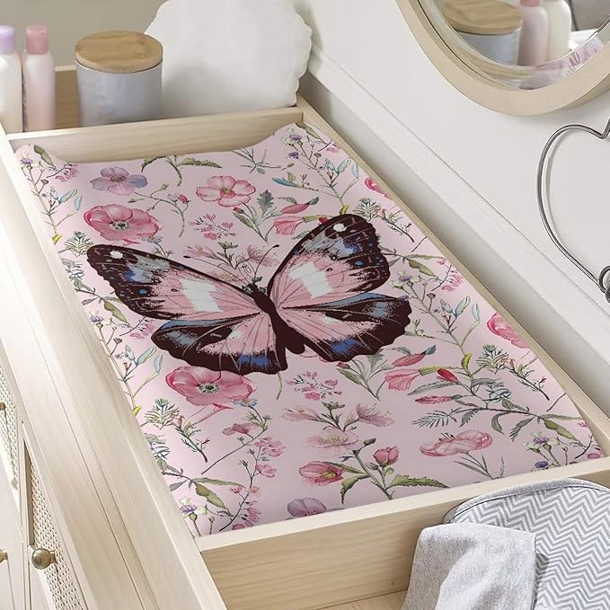 Pink Rose Butterfly Change Pad Covers, Water Resistant Baby Diaper Change Table Covers Soft Contoured Pad Covers for Newborn Baby Boys Girls