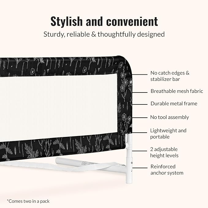 Dream On Me Lightweight Mesh Security Adjustable Bed Rail Double Pack with Breathable Mesh Fabric in Black and White, 2 Count (Pack of 1)