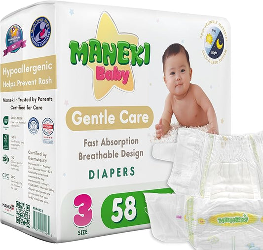 MANEKI Size 3 Diapers, Highly Absorbent & Breathable Baby Diapers, Size 3 (12–24 lbs), 58 Count, Hypoallergenic & Fragrance-Free, Day & Night Protection for Sensitive Skin, Packaging May Vary