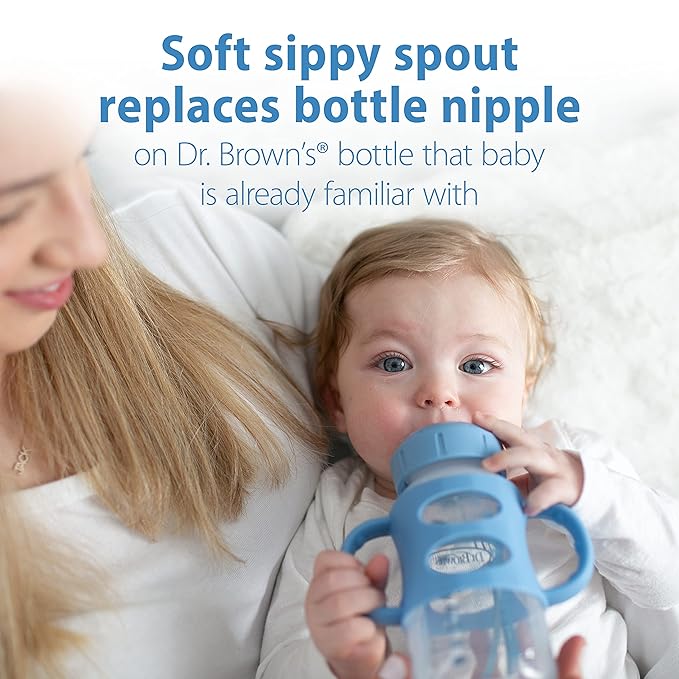 Dr. Brown's Milestones 9oz Wide-Neck Sippy Spout Bottle Bundle with Silicone Handles, Soft Sippy Spout, Green and Light Blue, 1-Pack Each, 6m+