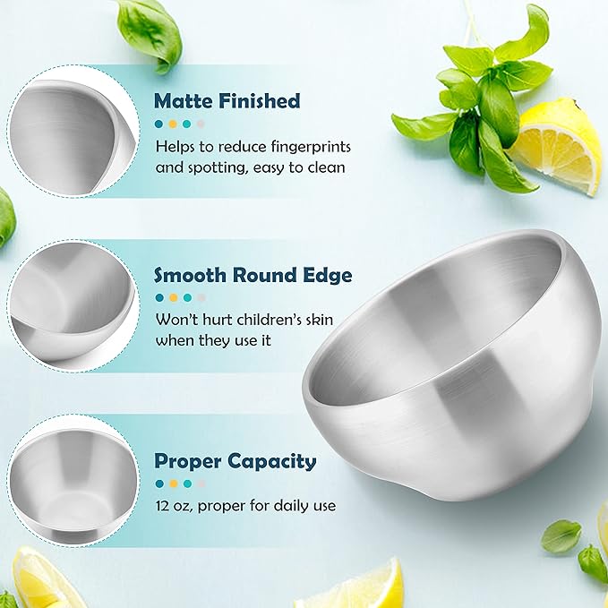 HaWare 6-Piece Kids Bowls, 12oz SUS304 Metal Bowl for Toddler Children, Small Baby Bowls for Feeding/Soup/Snacks, Multipurpose 18/8 Stainless Steel Cereal Bowls, Double Walled, Dishwasher Safe