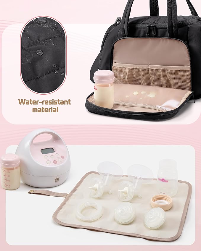 Marscamd Quilted Breast Pump Bag Compatible with Spectra S1 and S2, Pumping Bag with Cooler Compartment and a Drying Mat, Black
