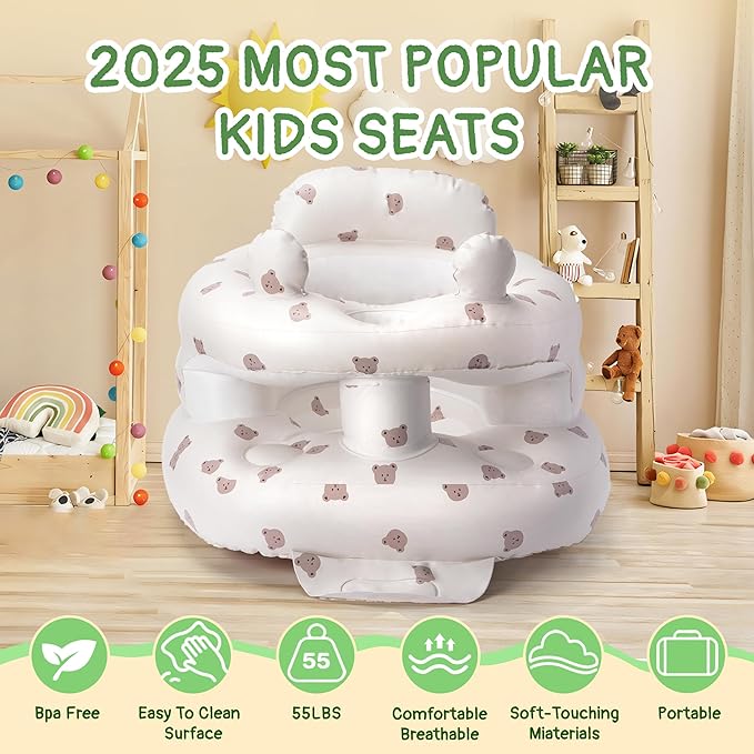 Inflatable Baby Seat for Babies 3-36 Months, Aloxina Sit Me Up Floor Chair with Built-in Air Pump, Squeaky Ears & Full Surround Design, Infant Support Seat for Sitting & Feeding (Bear)