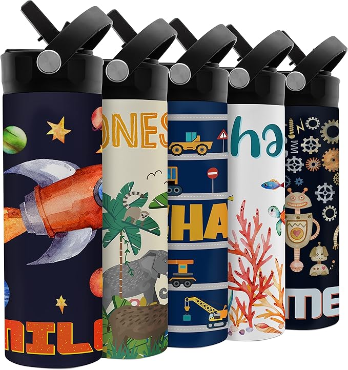 Personalized Kids Water Bottle with Straw Lid - 20 oz - 11 Wraparound Designs, Custom Water Bottle for Children, Back to School Gifts - BPA FREE, Double-Wall Insulated, Birthday Gifts - Space