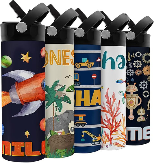 Personalized Kids Water Bottle with Straw Lid - 20 oz - 11 Wraparound Designs, Custom Water Bottle for Children, Back to School Gifts - BPA FREE, Double-Wall Insulated, Birthday Gifts - Space