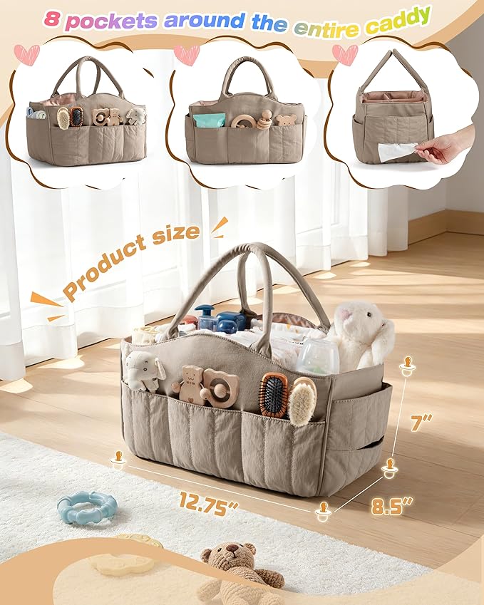 Marscamd Quilted Baby Diaper Caddy with Detachable Dividers and Wipes Pocket, Lightweight Baby Caddy Organizer with Handles and 8 Pockets for Baby Stuff, Camel