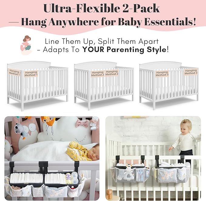 2-Pack Hanging Diaper Organizer for Crib & Changing Table | 50+ Large Capacity Baby Diaper Caddy, Washable Newborn Essentials Organizer for Baby Girl, Ideal Baby Shower Gifts with Hook Straps