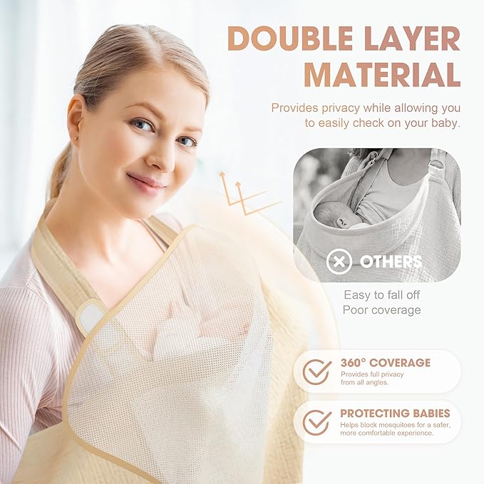 WVM 100% Cotton Muslin Nursing Cover for Breastfeeding with Arch Neckline for Eye Contact & Ventilation, Dual-Layer Privacy Design, Breathable & Multi-Use Car Seat & Stroller Cover for Infants