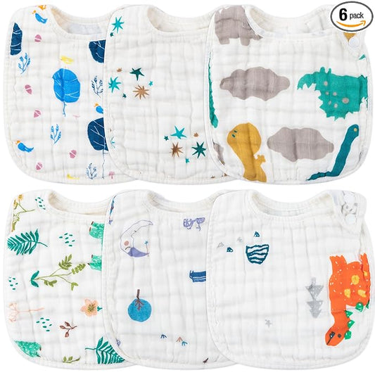 Zainpe 6Pcs Snap Muslin Cotton Baby Bibs Dinosaur Star Bear Pattern Bib, Adjustable Burp Cloths with 6 Absorbent & Soft Layers for Infants Newborns Toddlers Drooling Feeding Teething