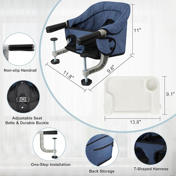 Hook On High Chair with Detachable Tray, Portable Foldable Clip On Baby Travel High Chair, Lightweight Feeding Seat with Storage Bag, BPA-Free Safety Harness for Home Restaurant (Navy)