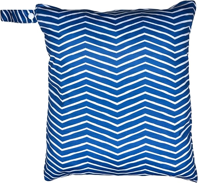 Waterproof Wet Bag for Mom & Baby – Waterproof, Smell Proof, Machine Washable Storage Bag for Cloth Diapers, Baby Clothes, Swimwear & More - Cute Blue Chevron Print 12.6" x 14.6"