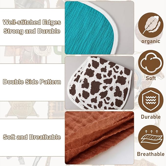 Hahafelt 4 Pcs Western Cowboy Baby Burp Cloths 100% Cotton Absorbent & Soft Burping Cloth Newborn Towel 2-in-1 Large Size Baby Spit up Burping Rags Set for Boys and Girls Infant Newborn