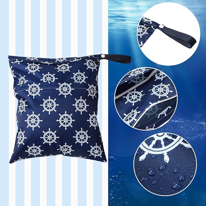 Frienda 4 Pieces Cloth Diaper Wet Dry Bag, Waterproof Reusable Washable Bag for Baby Items and Travel Zippered Pockets with Handle, Beach, Swimsuit, Dirty Gym Clothes and Toiletries(Nautical Style)