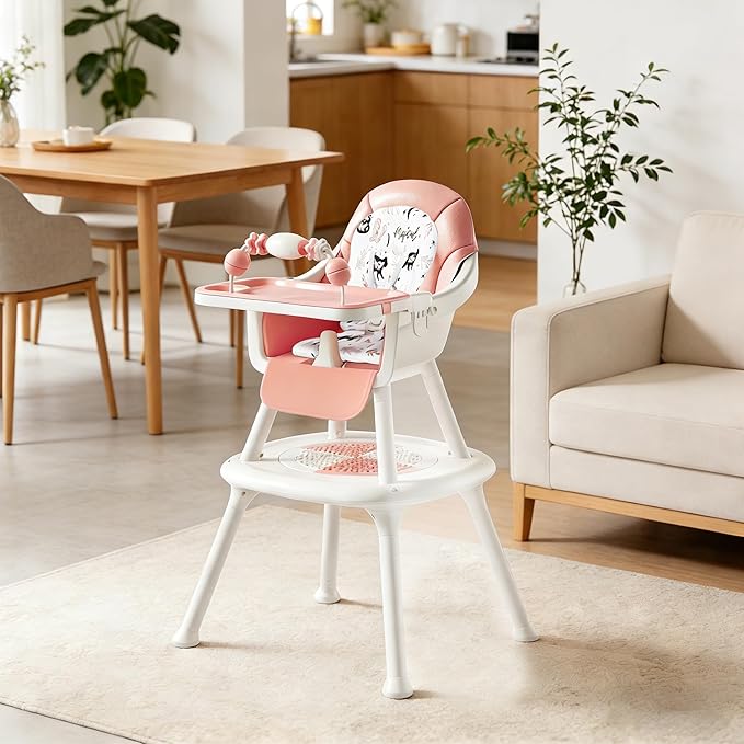 Convertible 4-in-1 Baby High Chair with Block Table, Infant to Toddler Feeding Chair with Play Tray & Built-in Toys, Removable PU Cushion, Easy to Clean Dining & Activity Chair–Pink